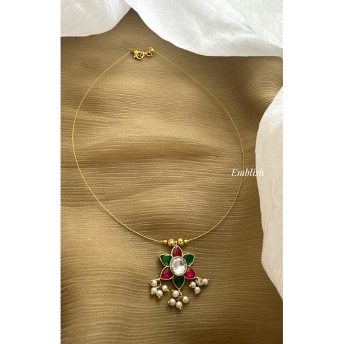 Kundan Jadau Flower  Invisible Chain Neckpiece - Red with Green 