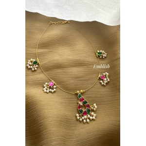 Kundan Jadau Peacock Pendant Invisible chain Neckpiece 