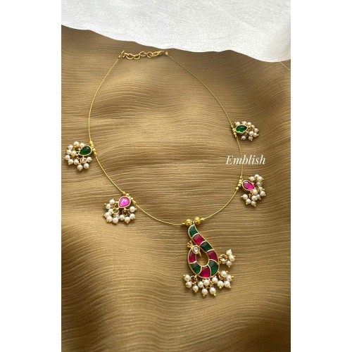 Kundan Jadau Peacock Pendant Invisible chain Neckpiece 
