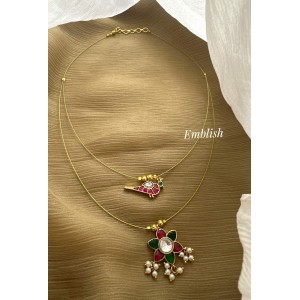 Kundan Jadau Flower Peacock Layer Invisble Chain set- Red with Green 
