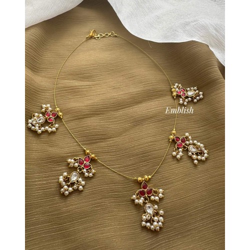 Kundan Jadau small Flower Thilak Drop Invisible chain Neckpiece - Red with White 