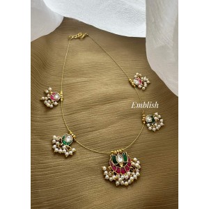 Kundan Jadau Half Moon Lotus Invisible Chain Neckpiece  - Red with Green