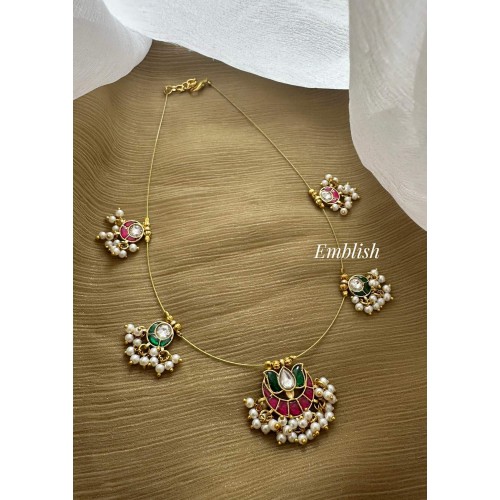Kundan Jadau Half Moon Lotus Invisible Chain Neckpiece  - Red with Green