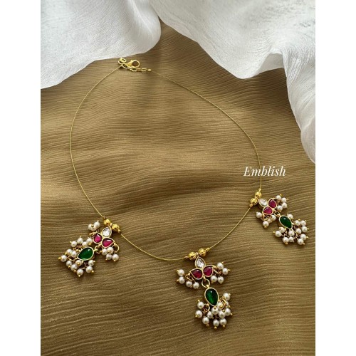 Kundan Jadau Flower Pearl Drop Invisible chain Neckpiece - 1