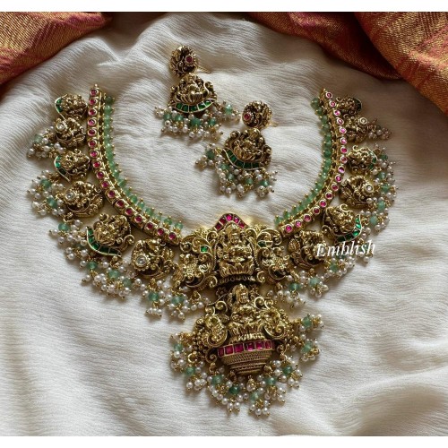 Gold alike Antique Kundan Jadau Lakshmi Pendant with Lakshmi Peacock Drop  Short Neckpiece - Pastel Bead