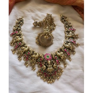 Grand Gold alike Antique Kundan Jadau Flower Lakshmi with Peacock Short Neckpiece - Gold Beads