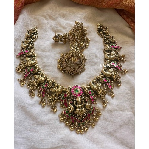 Grand Gold alike Antique Kundan Jadau Flower Lakshmi with Peacock Short Neckpiece - Gold Beads