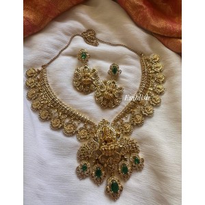 Real silver Inspired Lakshmi Pendant AD Peacock Lakshmi Coin Drop Short Neckpiece - Green