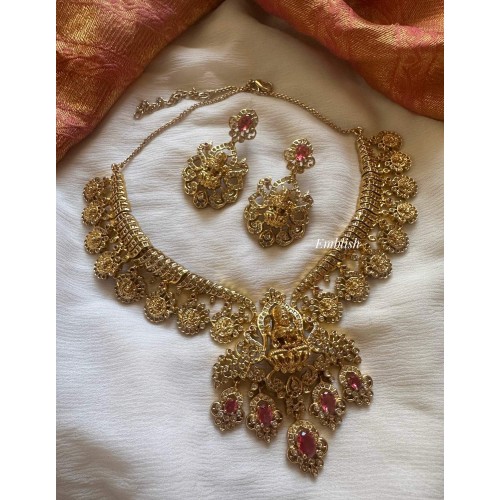 Real silver Inspired Lakshmi Pendant AD Peacock Lakshmi Coin Drop Short Neckpiece 