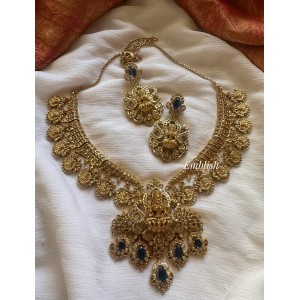 Real silver Inspired Lakshmi Pendant AD Peacock Lakshmi Coin Drop Short Neckpiece - Blue