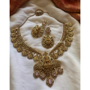 Real silver Inspired Lakshmi Pendant AD Peacock Lakshmi Coin Drop Short Neckpiece - Pastel Pink