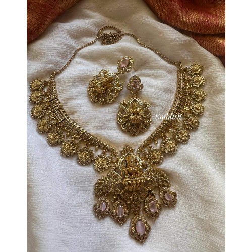 Real silver Inspired Lakshmi Pendant AD Peacock Lakshmi Coin Drop Short Neckpiece - Pastel Pink