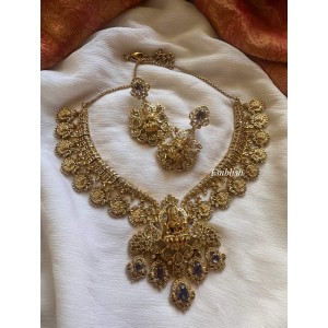 Real silver Inspired Lakshmi Pendant AD Peacock Lakshmi Coin Drop Short Neckpiece - Purple