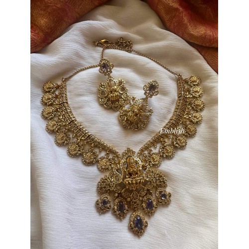 Real silver Inspired Lakshmi Pendant AD Peacock Lakshmi Coin Drop Short Neckpiece - Purple