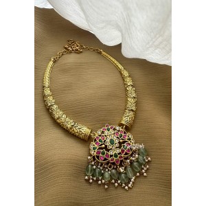 Antique Kundan Jadau Flower Pendant Pastel Bead Hasli Set