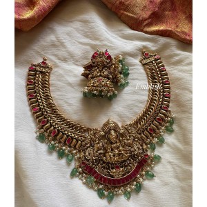 Antique Kundan Jadau Lakshmi with Peacock Haathi Pendant Short Neckpiece - Pastel Beads Antique Kundan Jadau Lakshmi with Peacock Haathi Pendant Short Neckpiece - Pastel Beads