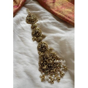 Antique AD Stones Lakshmi Peacock Tikka - Gold Beads