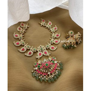 Grand Royal Antique Kundan Jadau Flower Peacock Pendant Mango Short Neckpiece - Pastel Beads