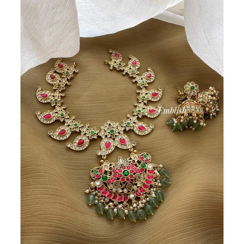 Grand Royal Antique Kundan Jadau Flower Peacock Pendant Mango Short Neckpiece - Pastel Beads Grand Royal Antique Kundan Jadau Flower Peacock Pendant Mango Short Neckpiece - Pastel Beads