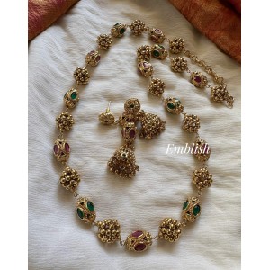 Antique 24 Inch Gold Ball with Gold Bunch Mala Set - Red with Green