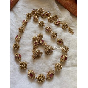 Antique 24 Inch Gold Ball with Gold Bunch Mala Set - Red Antique 24 Inch Gold Ball with Gold Bunch Mala Set - Red