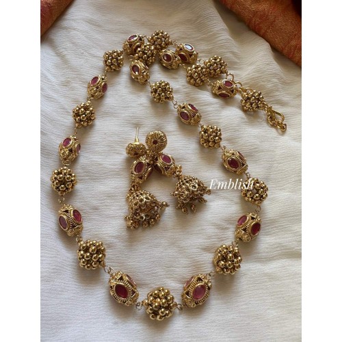 Antique 24 Inch Gold Ball with Gold Bunch Mala Set - Red