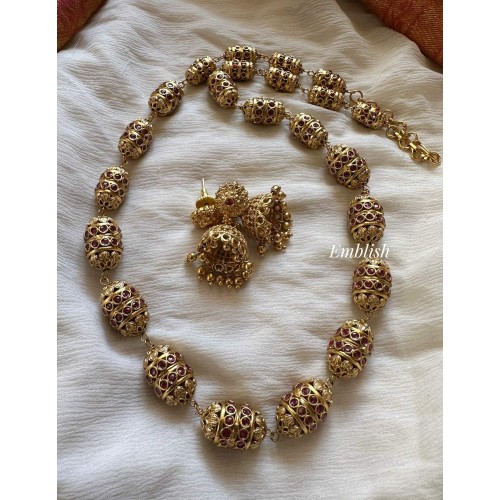 Antique 22 Inch Kemp Gold Ball Mala Set - Red