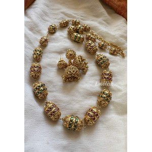 Antique 22 Inch Kemp Gold Ball Mala Set - Red with Green