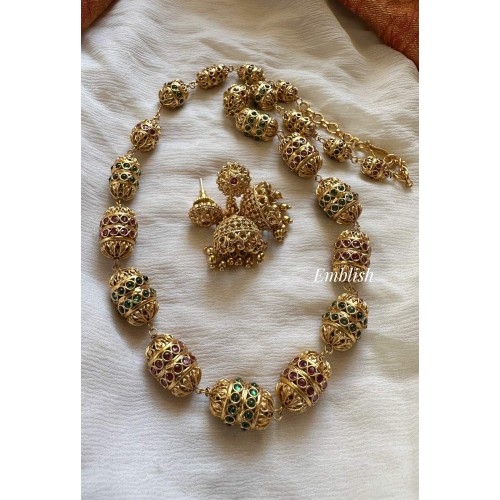 Antique 22 Inch Kemp Gold Ball Mala Set - Red with Green