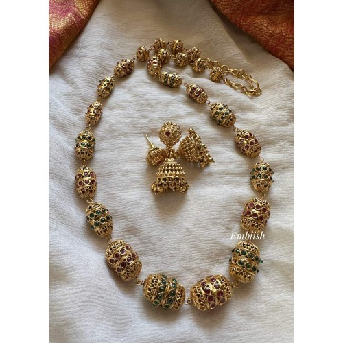 Antique 20 Inch Kemp Gold Ball Mala Set - Red with Green