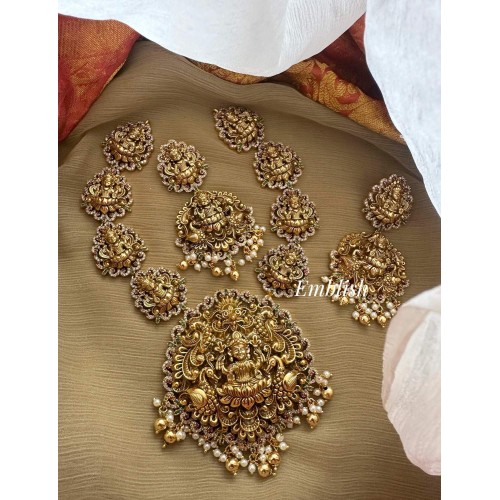 Antique Lakshmi with Peacock Intricate AD Gold Beads Short Neckpiece