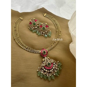 Antique Kundan Jadau Double Peacock Pendant AD Flower Hasli Neckpiece - Pastel Beads