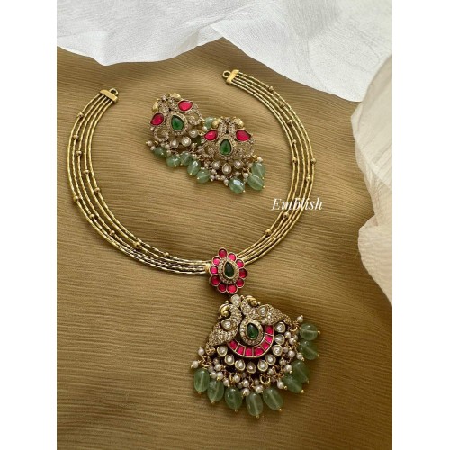 Antique Kundan Jadau Double Peacock Pendant AD Flower Hasli Neckpiece - Pastel Beads