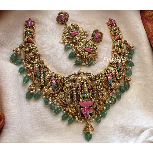 Antique Grand Lakshmi Mahal Meenakari Haathi Pastel Bead Short Neckpiece 