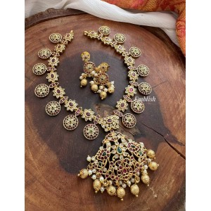 Antique Kemp Flower Coin 2 in 1 Flower Peacock Pendant Short Neckpiece - Gold Beads