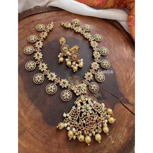 Antique Kemp Flower Coin 2 in 1 Flower Peacock Pendant Short Neckpiece - Gold Beads