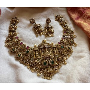 Royal Antique Lakshmi Mahal Peacock Intricate Kemp Lakshmi Haathi Short Neckpiece  - Gold Beads