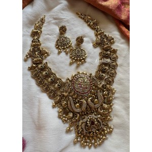 Royal Grand Antique Kemp Annam AD Double Peacock Flower Pendant Lakshmi Layer Neckpiece - Gold Beads