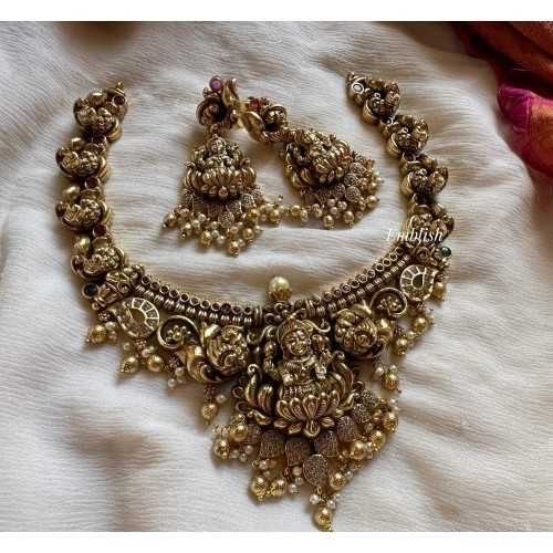 Antique Nagas Lakshmi Peacock Dual Bead Short Neckpiece - Gold Beads