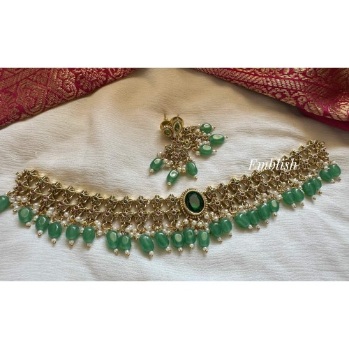 Antique Kemp Flower Short Neckpiece - Green Beads