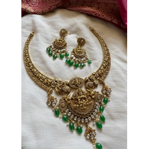 Royal Antique Nagas Lakshmi Haathi Pendant with Intricate Peacock Hasli Neckpiece - Green Beads
