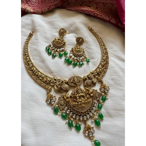 Royal Antique Nagas Lakshmi Haathi Pendant with Intricate Peacock Hasli Neckpiece - Green Beads