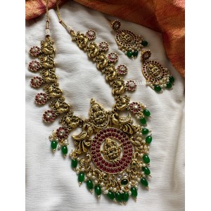 Antique Gold alike Grand Lakshmi with Peacock Short Neckpiece - Green Beads	