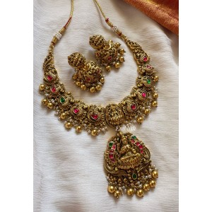 Kundan Jadau Lakshmi with Double Peacock Neckpiece - Gold Beads.