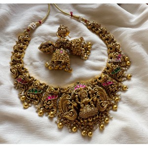 Kundan Jadau Lakshmi with 3d Double Peacock Short Neckpiece - Gold Beads