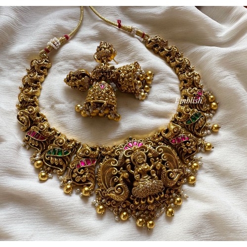 Kundan Jadau Lakshmi with 3d Double Peacock Short Neckpiece - Gold Beads