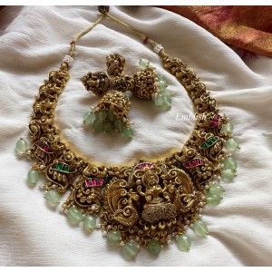 Kundan Jadau Lakshmi with 3d Double Peacock Short Neckpiece - Pastel Beads