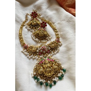 Kundan Jadau Lakshmi with Double Peacock Flower Hasli Neckpiece - Red with Green