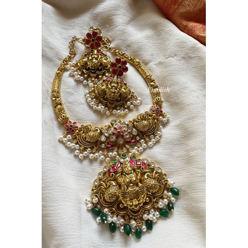 Kundan Jadau Lakshmi with Double Peacock Flower Hasli Neckpiece - Red with Green