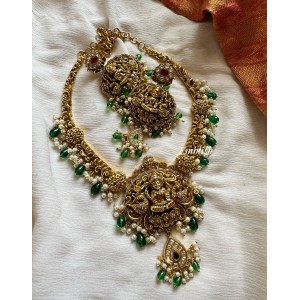 Ad Lakshmi with Double Peacock Flower Pendant Hasli Neckpiece 